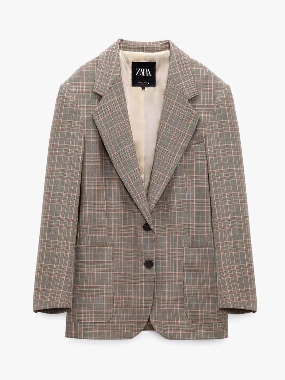 Zara Oversized Plaid Check Blazer Taupe Beige Size XS